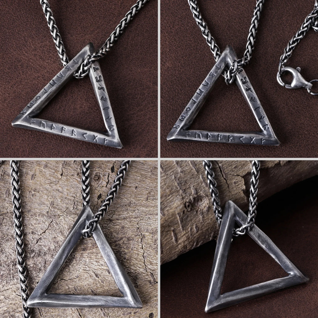925 Sterling Silver Rune Necklace, Triangle Pendant, Gothic Viking Inspired Jewelry