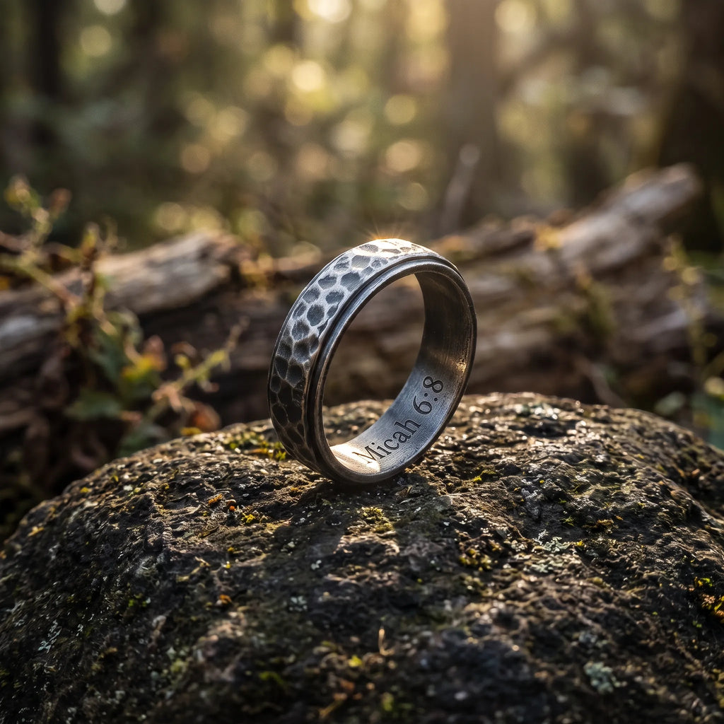 925 Sterling Silver Hammered Ring, Oxidized Textured Band for Men, Custom Engraved Ring, Rustic Wedding Band