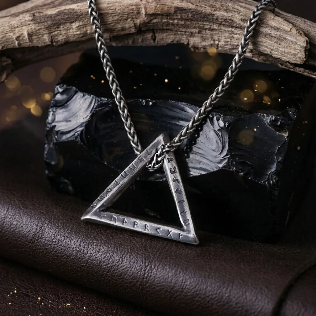 925 Sterling Silver Rune Necklace, Triangle Pendant, Gothic Viking Inspired Jewelry