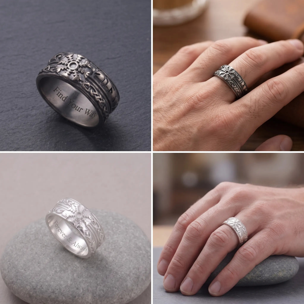 Personalized 925 Sterling Silver Viking Compass Ring Custom Engraved Mens Band
