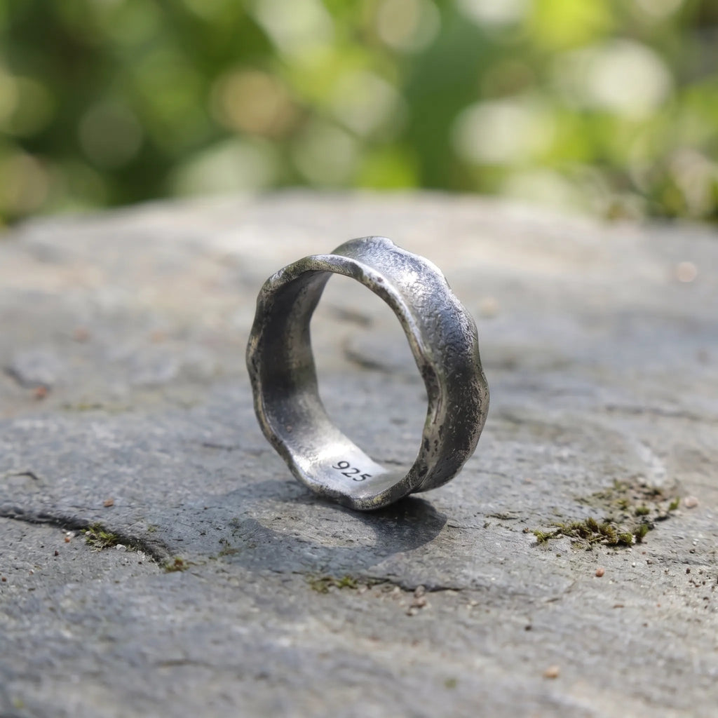 Custom Engraved Organic Molten 925 Sterling Silver Ring, Wavy Hammered Band, Wedding Rings