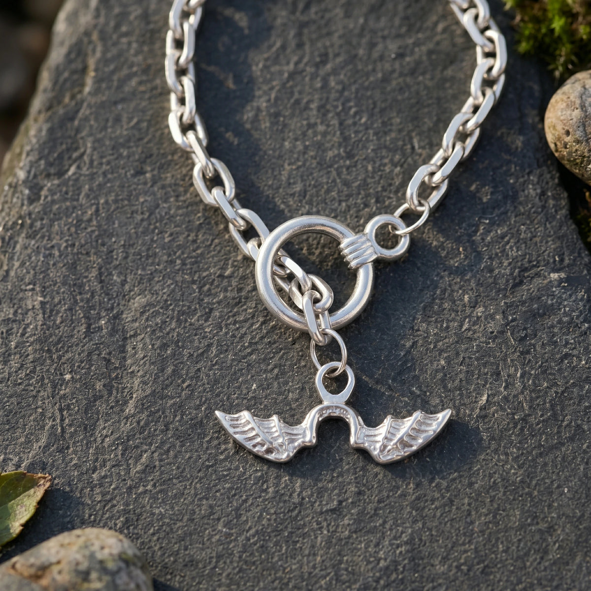 925 Sterling Silver Gothic Winged Toggle Clasp Durable Link Chain Bracelet