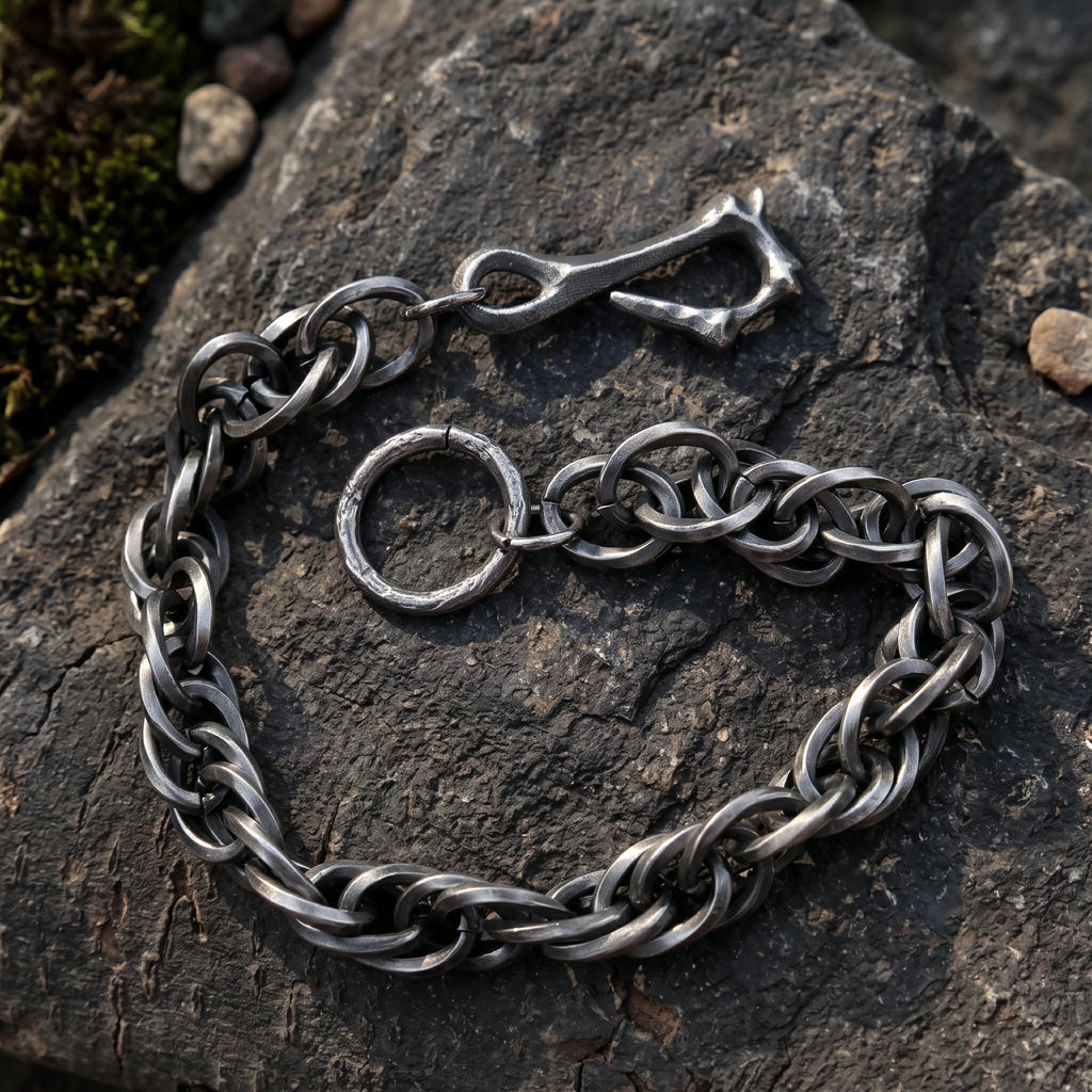 Rustic 925 Sterling Silver Heavy Loop Chain Bracelet with Artisan Bone Clasp