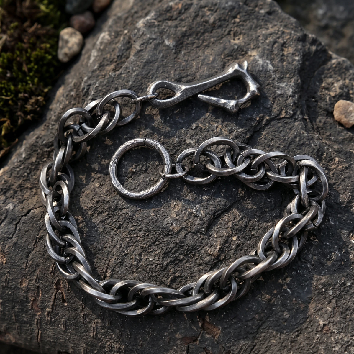 Rustic 925 Sterling Silver Heavy Loop Chain Bracelet with Artisan Bone Clasp