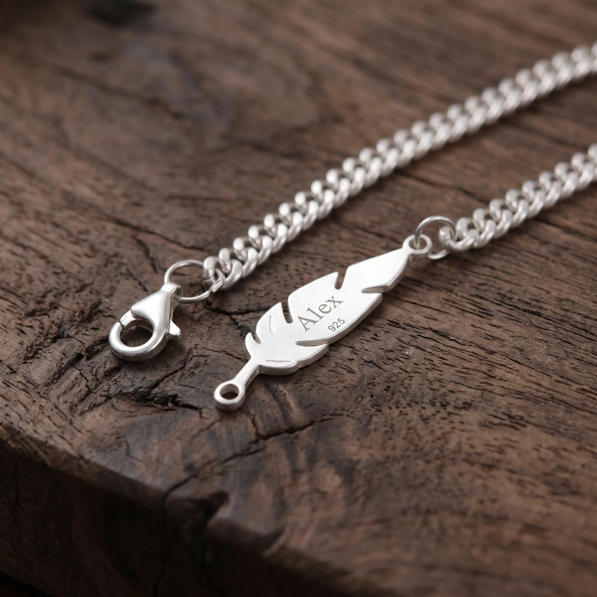925 Sterling Silver Feather Curb Chain Bracelet With Custom Engravable Clasp Back