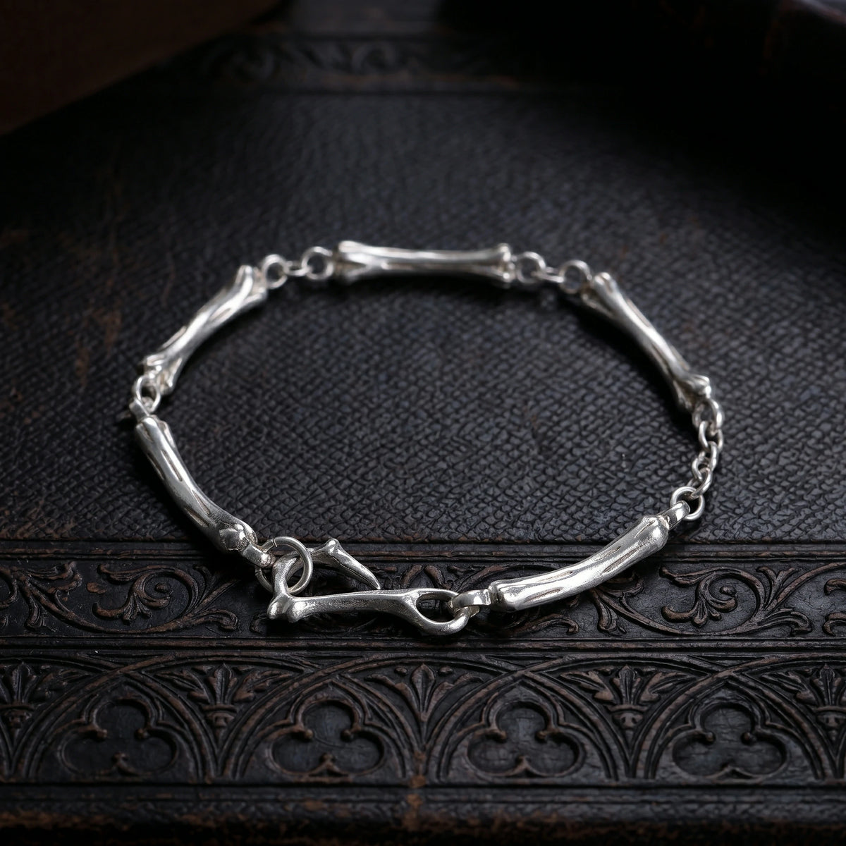 925 Sterling Silver Skeleton Bone Link Bracelet, Dark Mythic Bone Hook Clasp Minimalist Wristband