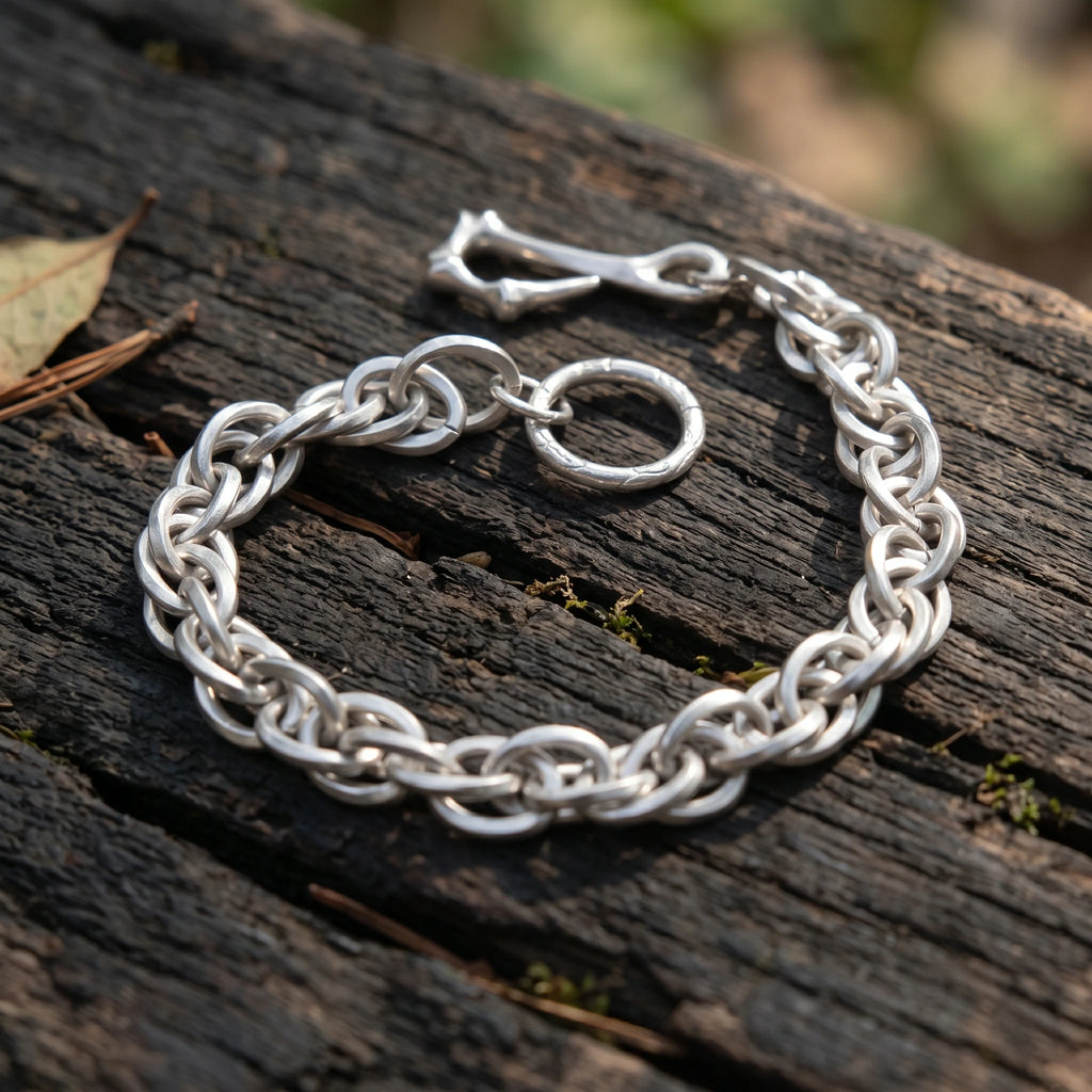 Rustic 925 Sterling Silver Heavy Loop Chain Bracelet with Artisan Bone Clasp