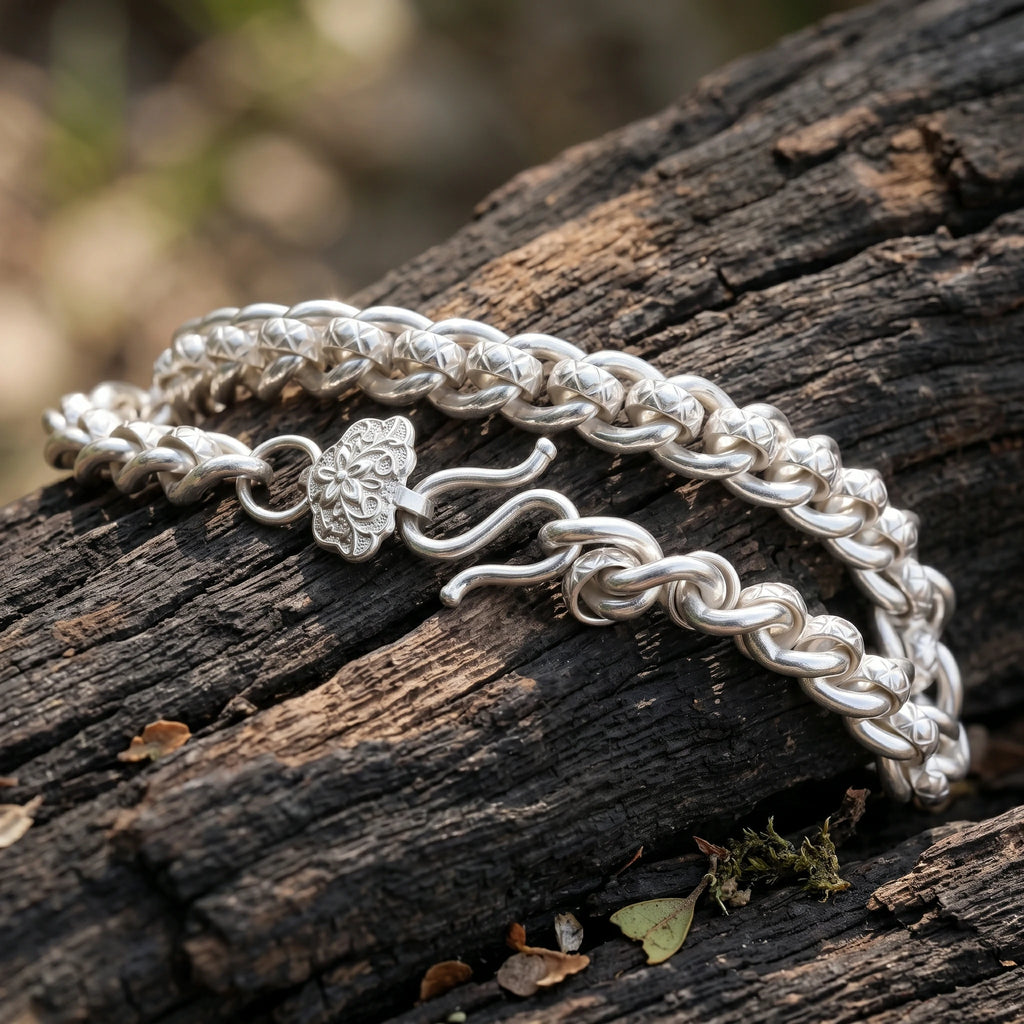 Vintage 925 Sterling Silver Floral Clasp Chain Bracelet for Women