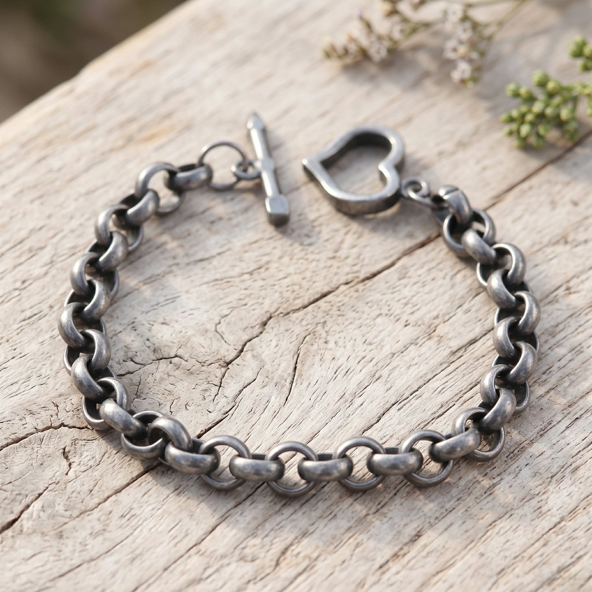925 Sterling Silver Cupid's Arrow Heart Toggle Clasp Rolo Chain Bracelet