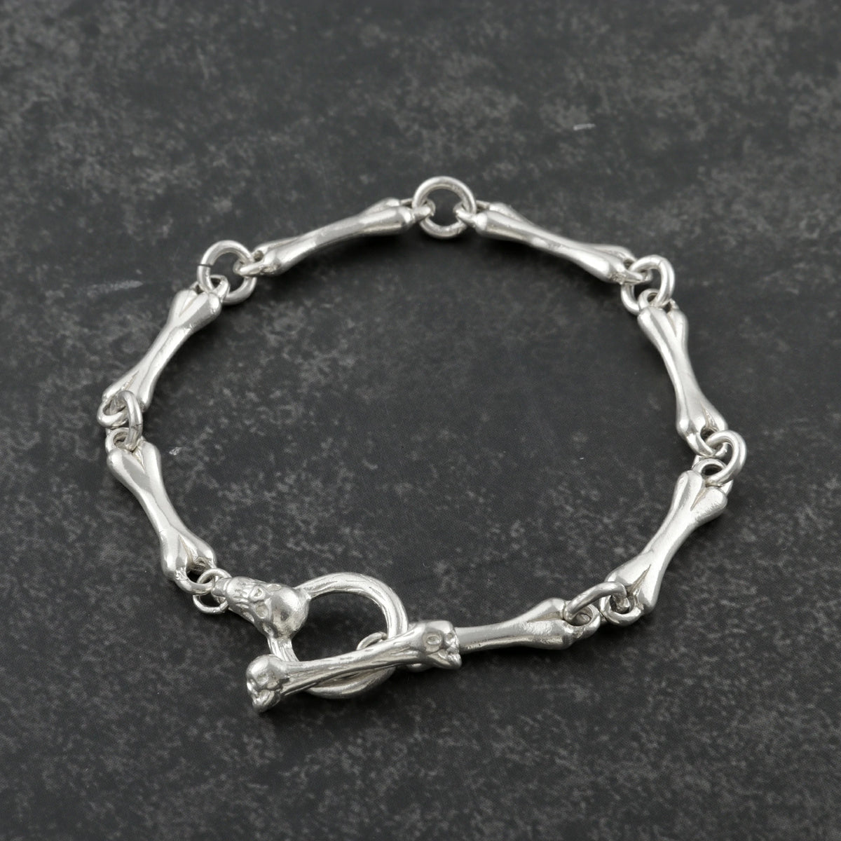 Gothic Bone Link Bracelet, 925 Sterling Silver Skeleton Skull Toggle Clasp Wristband