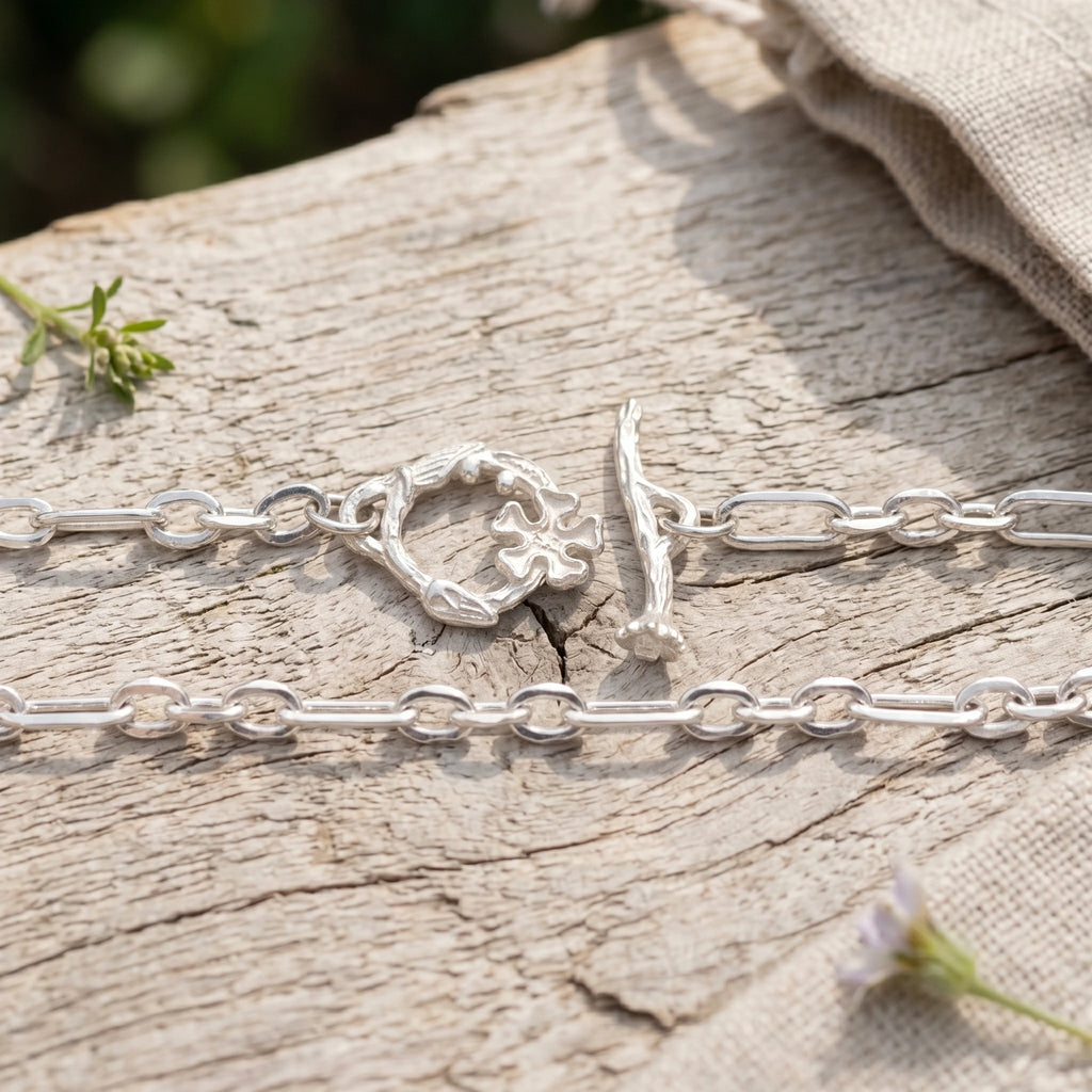 925 Sterling Silver Floral Branch Toggle Clasp Durable Link Chain Bracelet