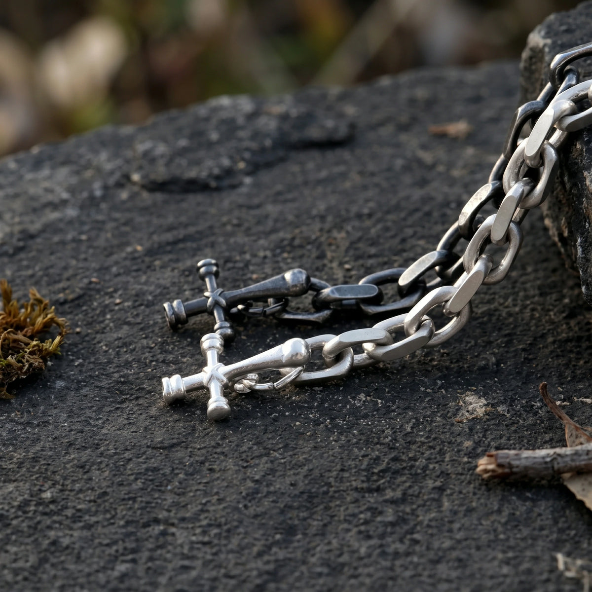 925 Sterling Silver Horseshoe Shackle Crucifix Bar Durable Link Chain Bracelet