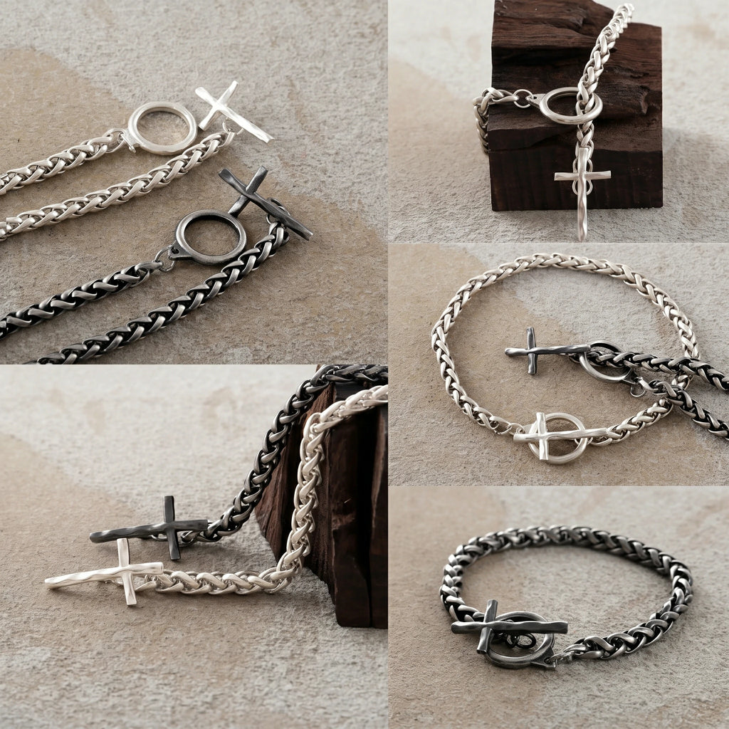 925 Sterling Silver Holy Cross Toggle Clasp Chopin Chain Faith Bracelet