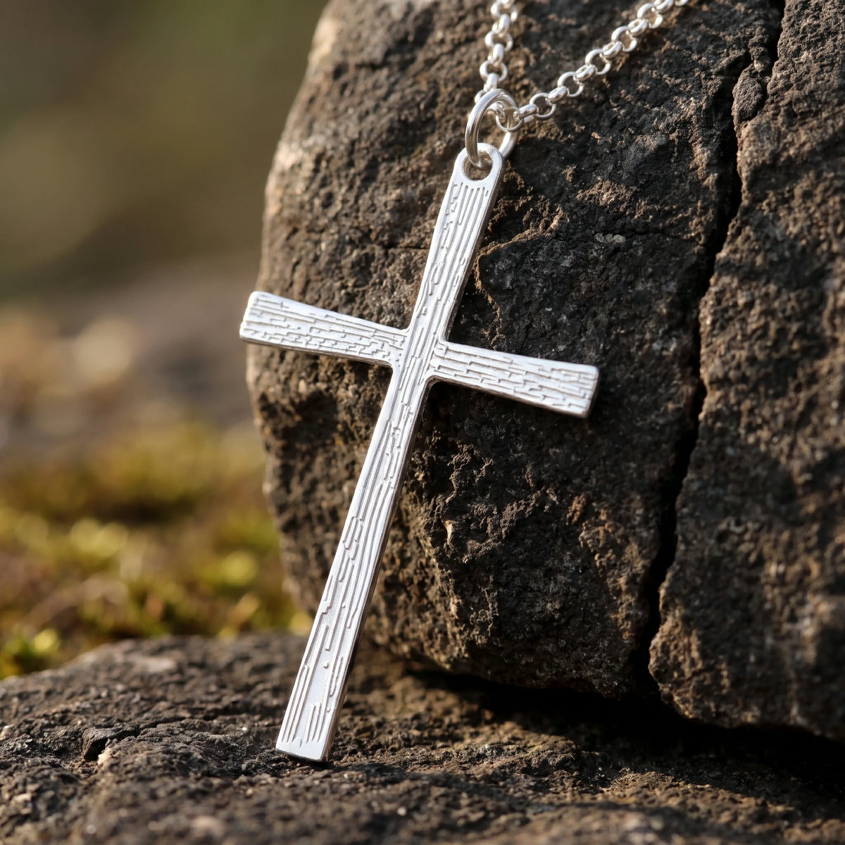 925 Sterling Silver Engravable Textured Cross Pendant Illuminated By Divine Grace