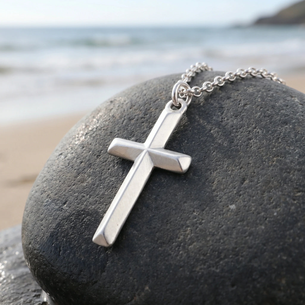925 Sterling Silver Beveled Holy Cross Durable Custom Engravable Faith Pendant Necklace