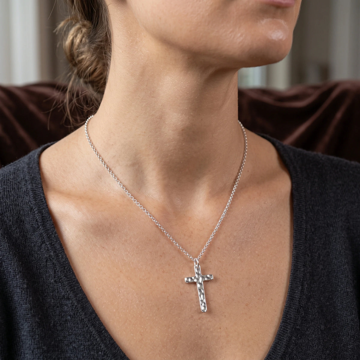 925 Sterling Silver Hammered Cross Durable Faith Protection Necklace