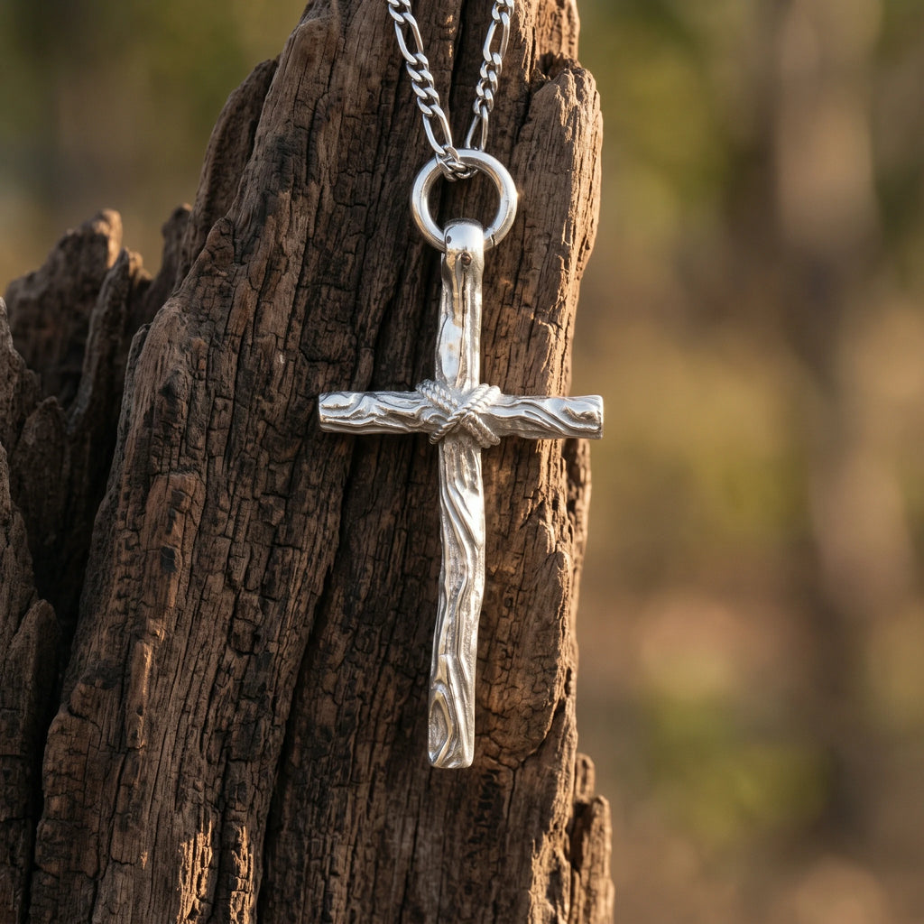 Living Branch Sacred Wood Cross, Textured 925 Sterling Silver Faith Necklace