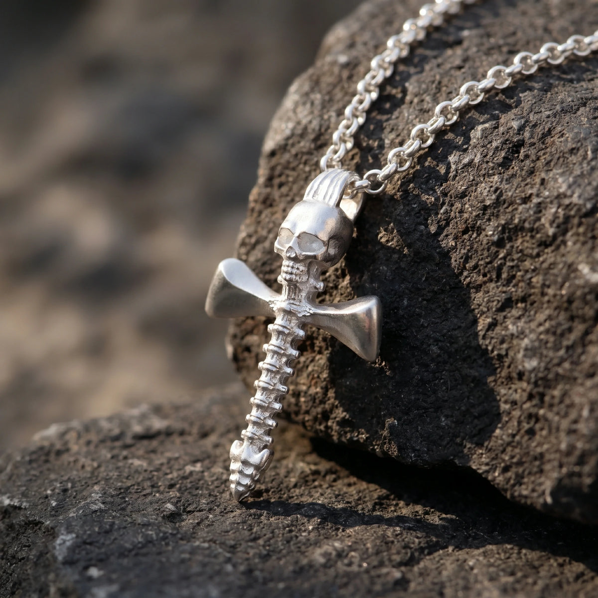 925 Sterling Silver Skull Spine Cross Pendant Symbolizing Victory Over Death And Faith