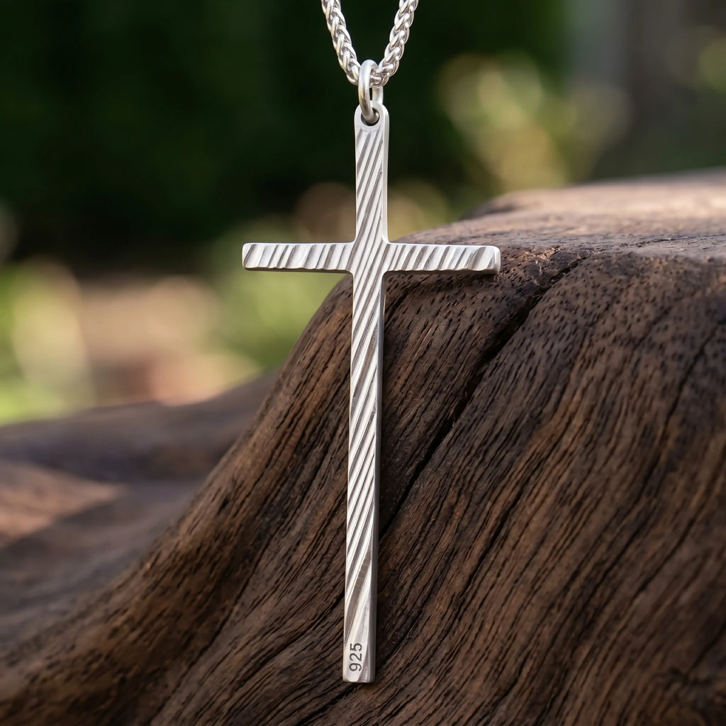 925 Sterling Silver Spiral Grooved Cross Pendant Anchored In Sacred Redemption