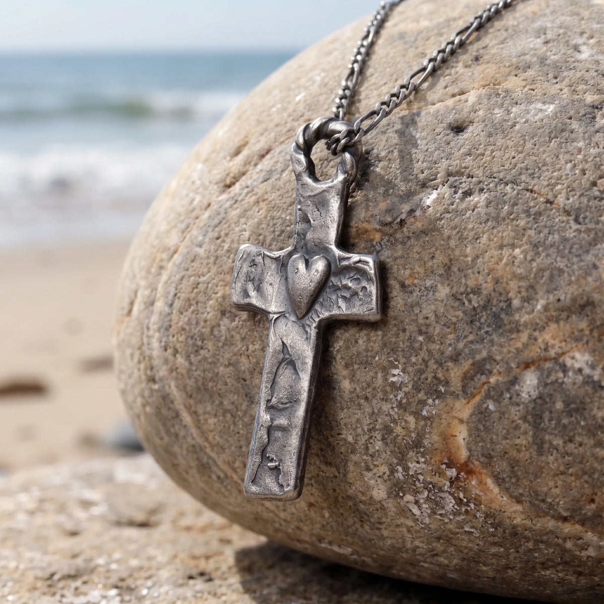 Rustic 925 Sterling Silver Sacred Heart Cross Necklace for Faith & Protection