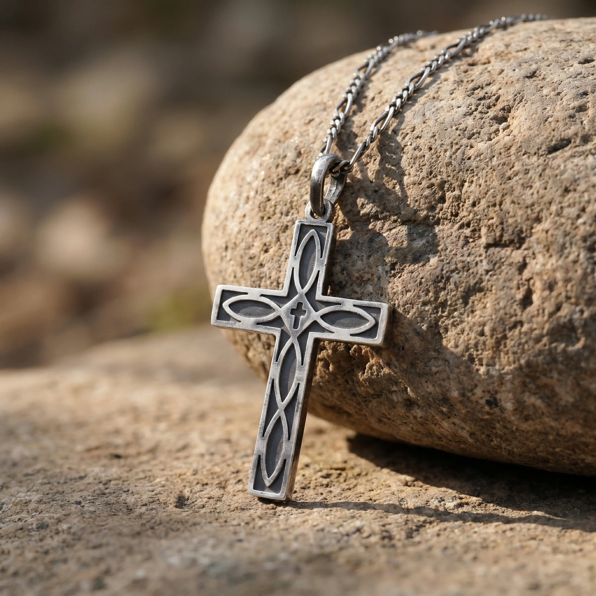 Eternal Covenant Celtic Cross, Oxidized 925 Sterling Silver Devotional Figaro Necklace