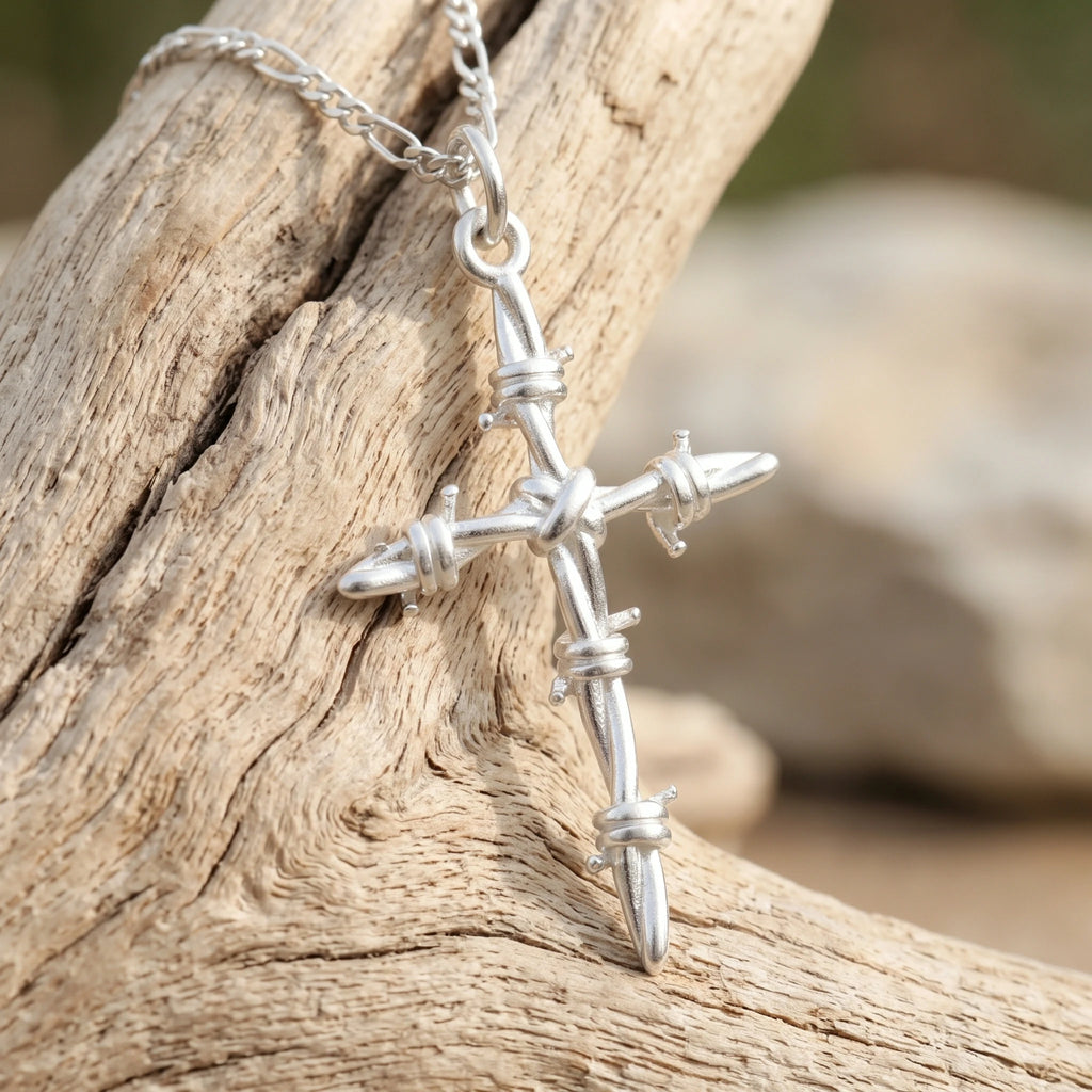 Sacred Thorns Crown Cross, Solid 925 Sterling Silver Devotional Figaro Necklace