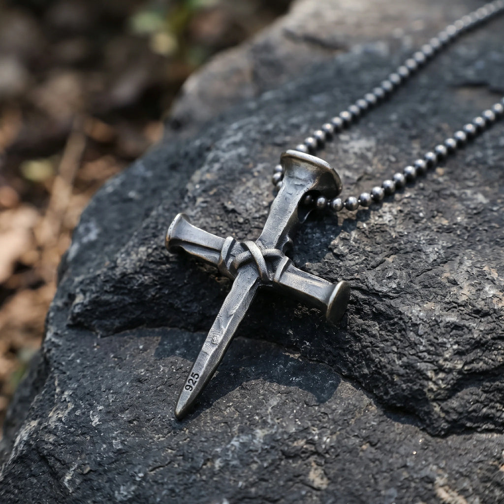 Sacred Grace Crucifixion Nails Cross Necklace, Oxidized 925 Sterling Silver Devotional Faith Pendant