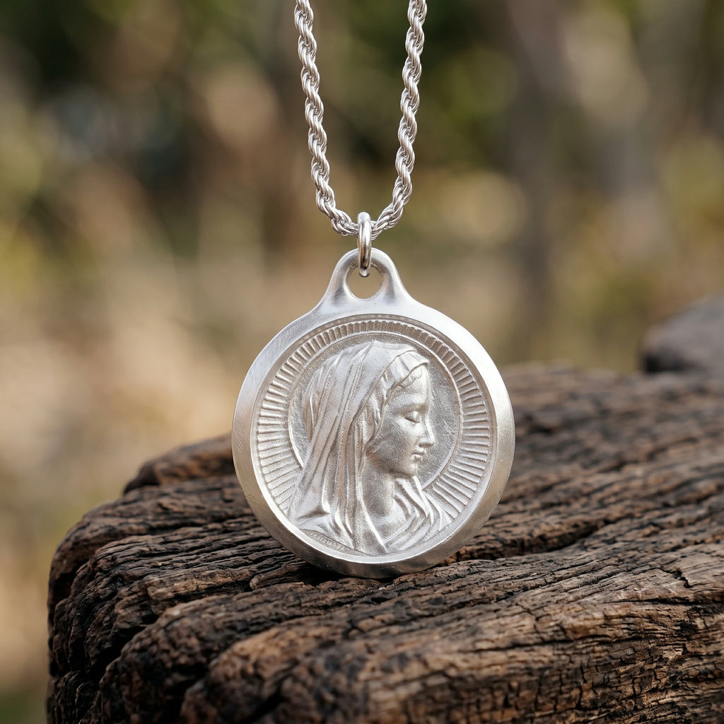 925 Sterling Silver Virgin Mary Medal Pendant, Vintage Religious Madonna Necklace