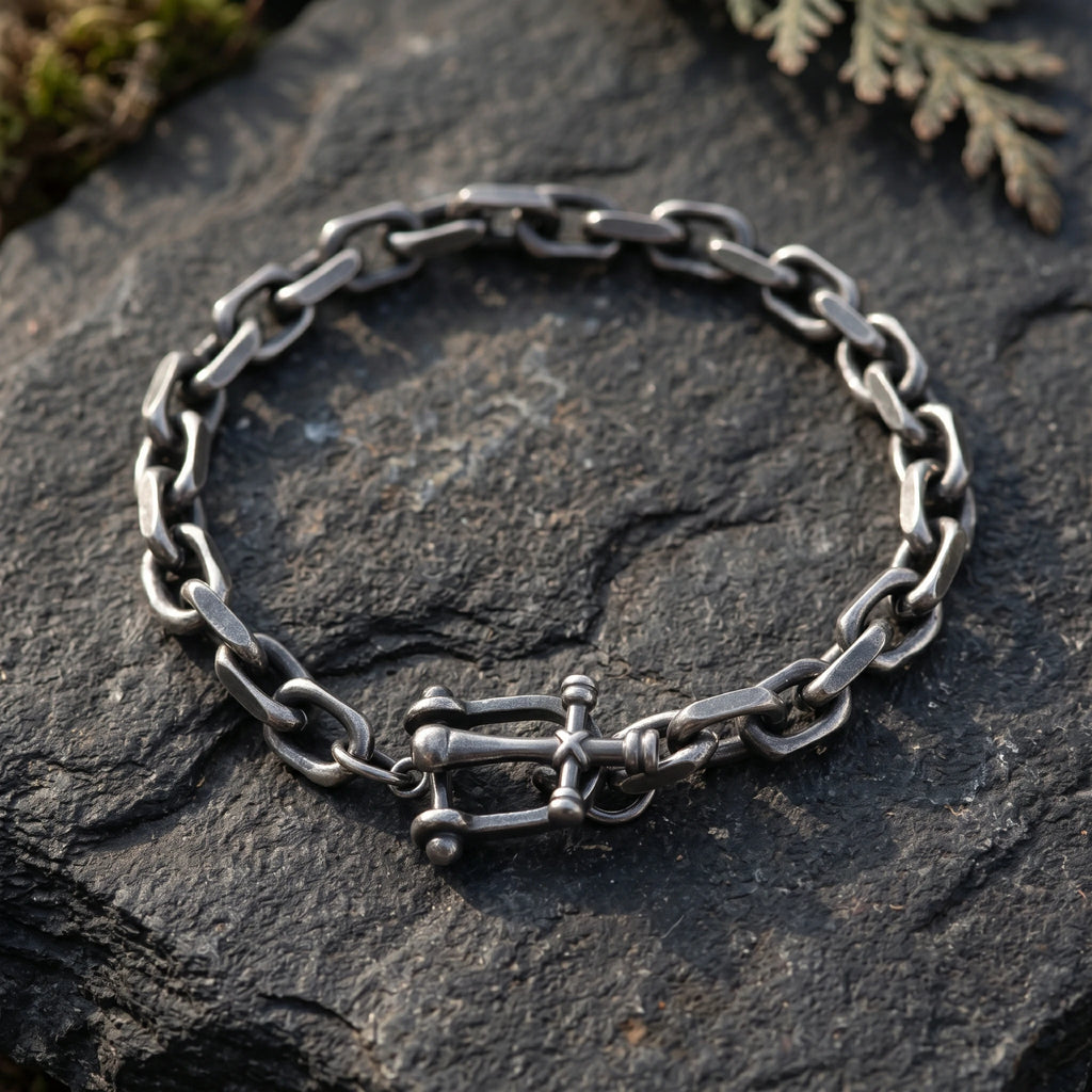 925 Sterling Silver Horseshoe Shackle Crucifix Bar Durable Link Chain Bracelet