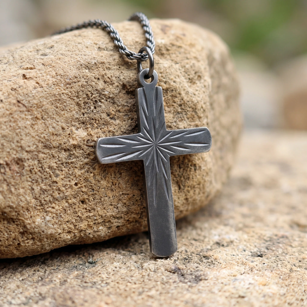 925 Sterling Silver Sunburst Cross Durable Custom Engravable Pendant Necklace