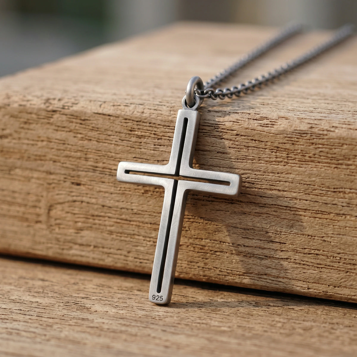 Sacred Light Hollow Cross Pendant, Solid 925 Sterling Silver Faith Alignment Necklace