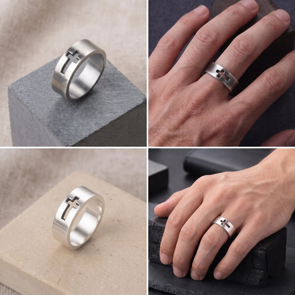 Personalized 925 Sterling Silver Cutout Cross Ring for Men Custom Engraved