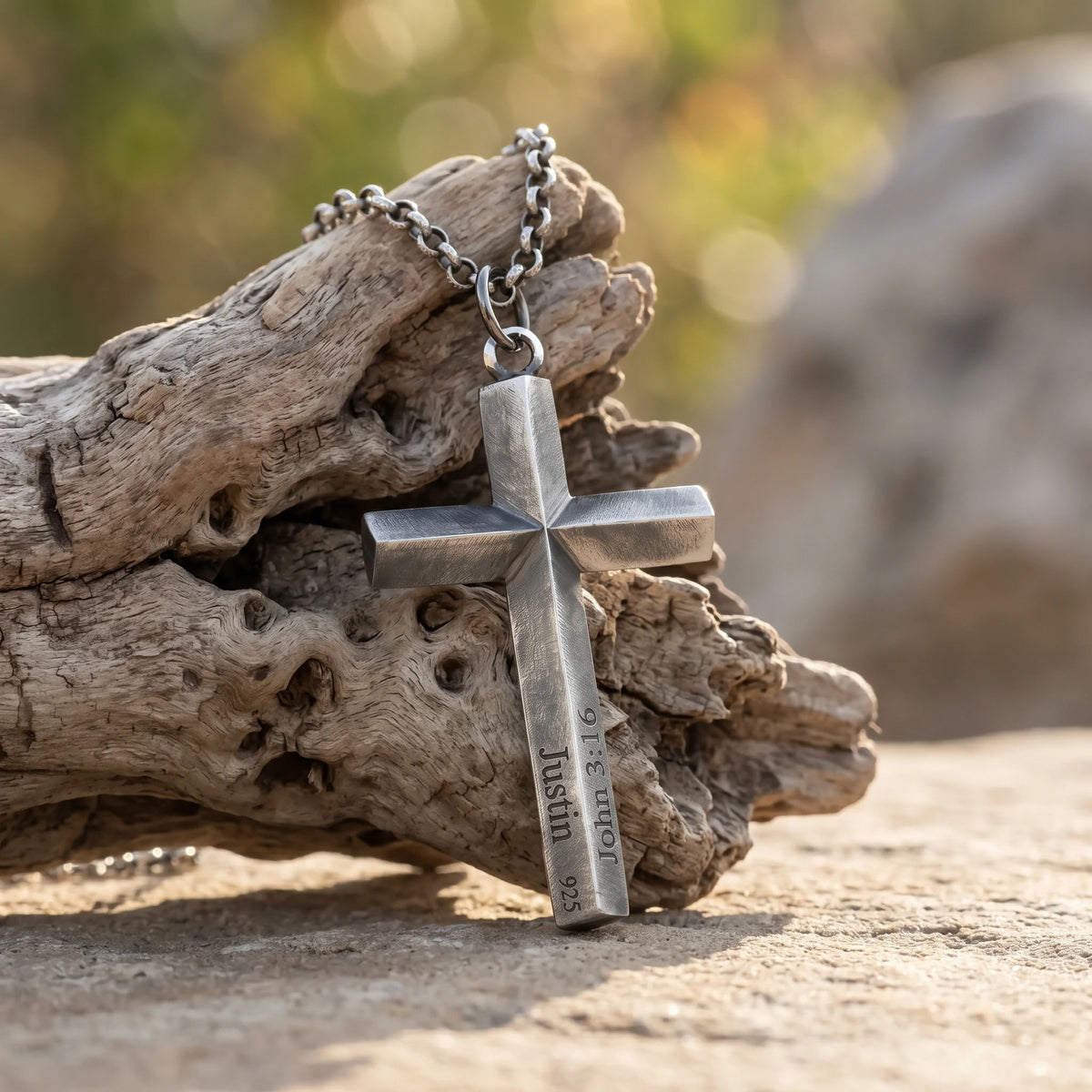 925 Sterling Silver Spiritual Beveled Prism Cross Durable Custom Engravable Necklace