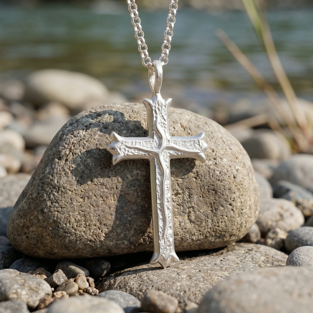 Custom 925 Sterling Silver Hammered Cross Pendant Offering Sacred Grace And Living Water
