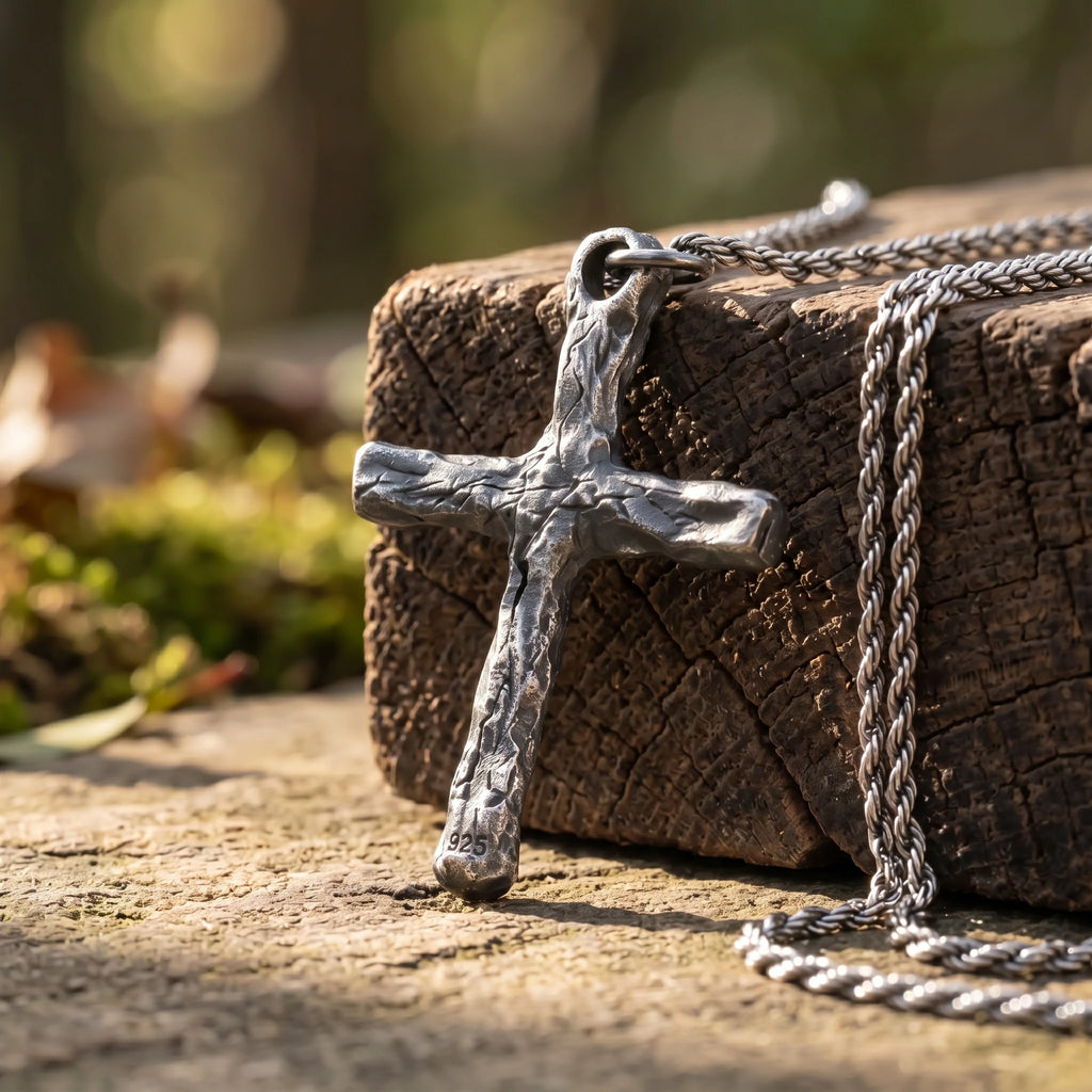 925 Sterling Silver Rustic Textured Holy Cross Durable Faith Pendant Necklace