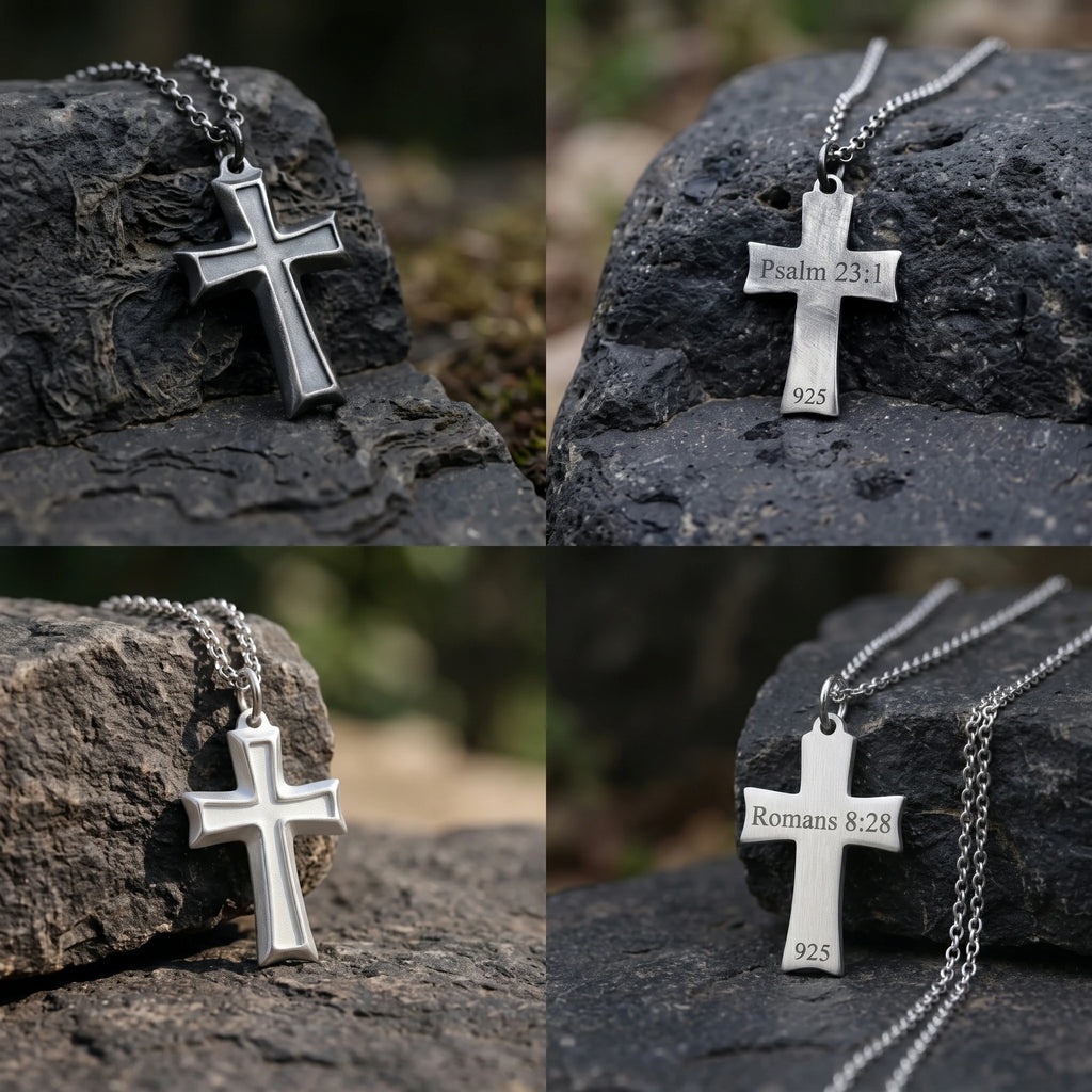 925 Sterling Silver Layered Beveled Cross Durable Custom Engravable Pendant