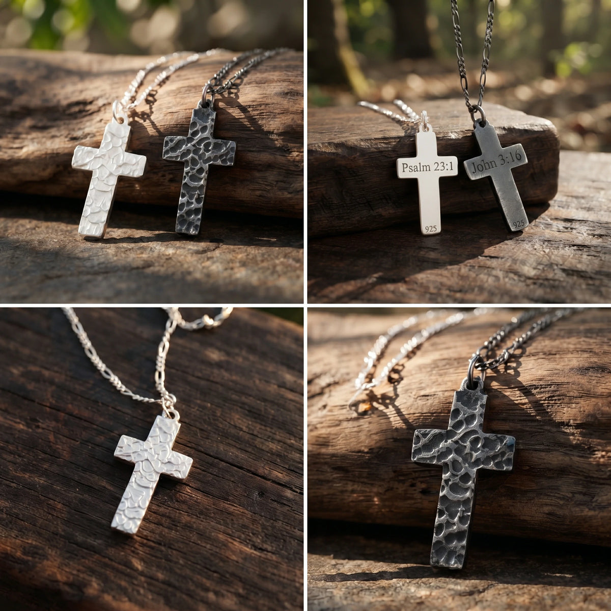 925 Sterling Silver Hammered Holy Cross Durable Custom Engravable Faith Pendant Necklace