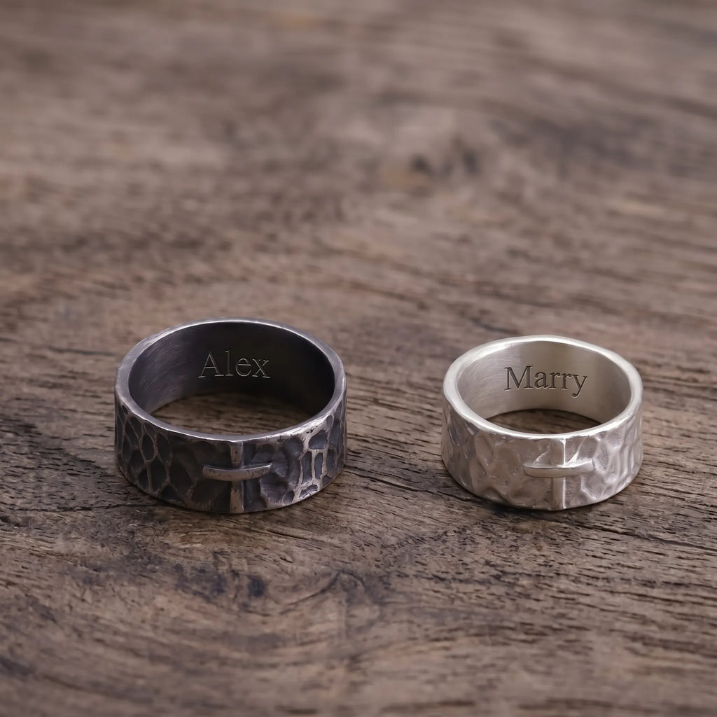 925 Sterling Silver Hammered Cross Matching Couple Rings, Custom Engraved Textured Wedding Bands for Him & Her, Promise Ring