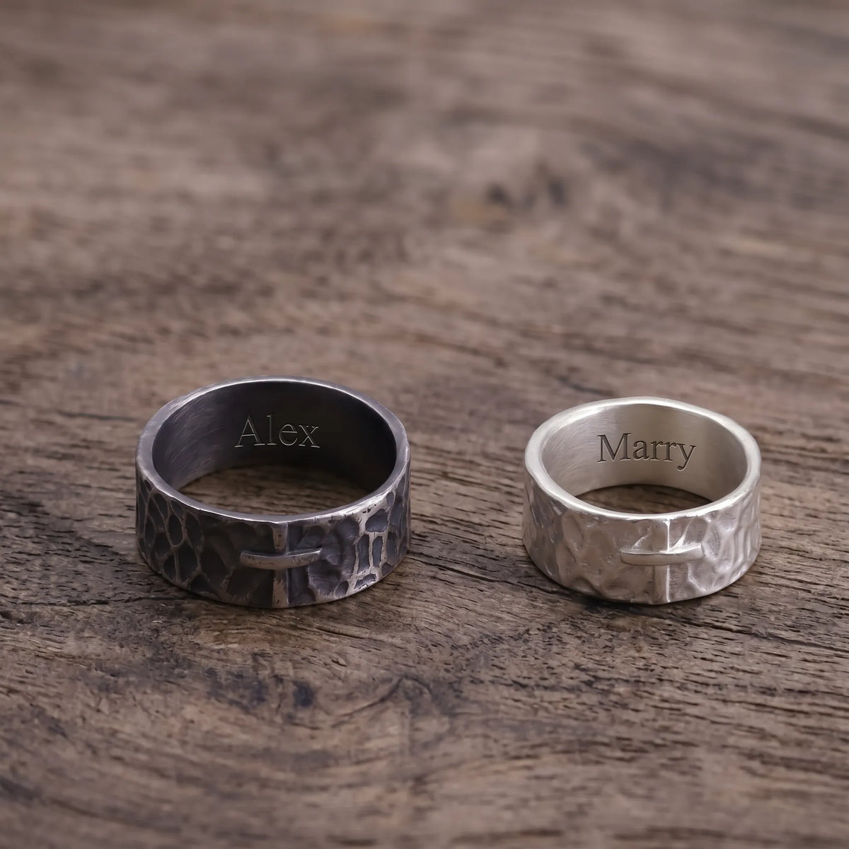 925 Sterling Silver Hammered Cross Matching Couple Rings, Custom Engraved Textured Wedding Bands for Him & Her, Promise Ring