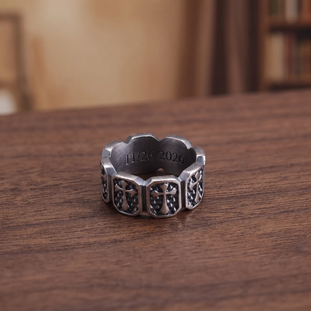 Personalized Mens Vintage 925 Sterling Silver Cross Ring - Custom Engraved Band