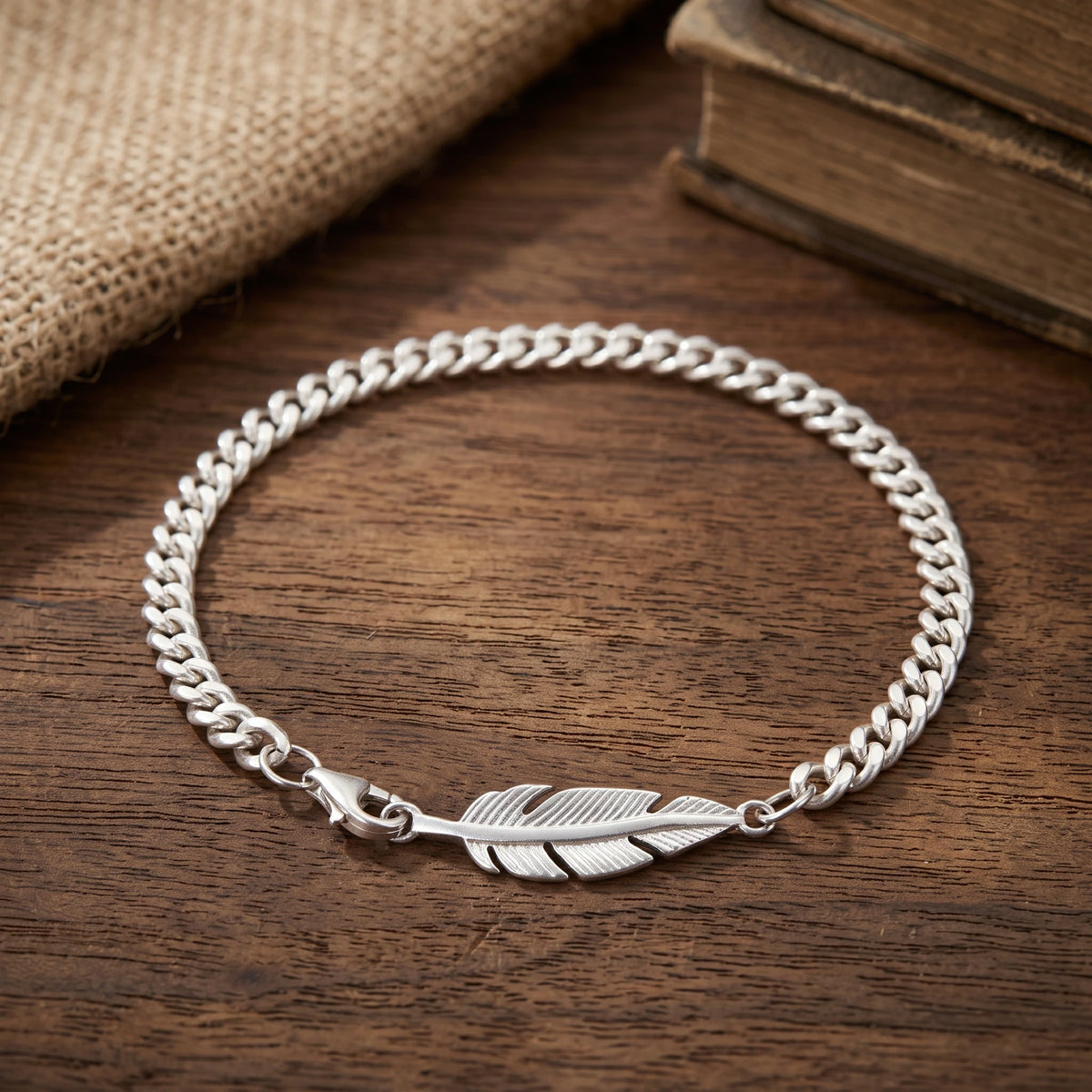 925 Sterling Silver Feather Curb Chain Bracelet With Custom Engravable Clasp Back