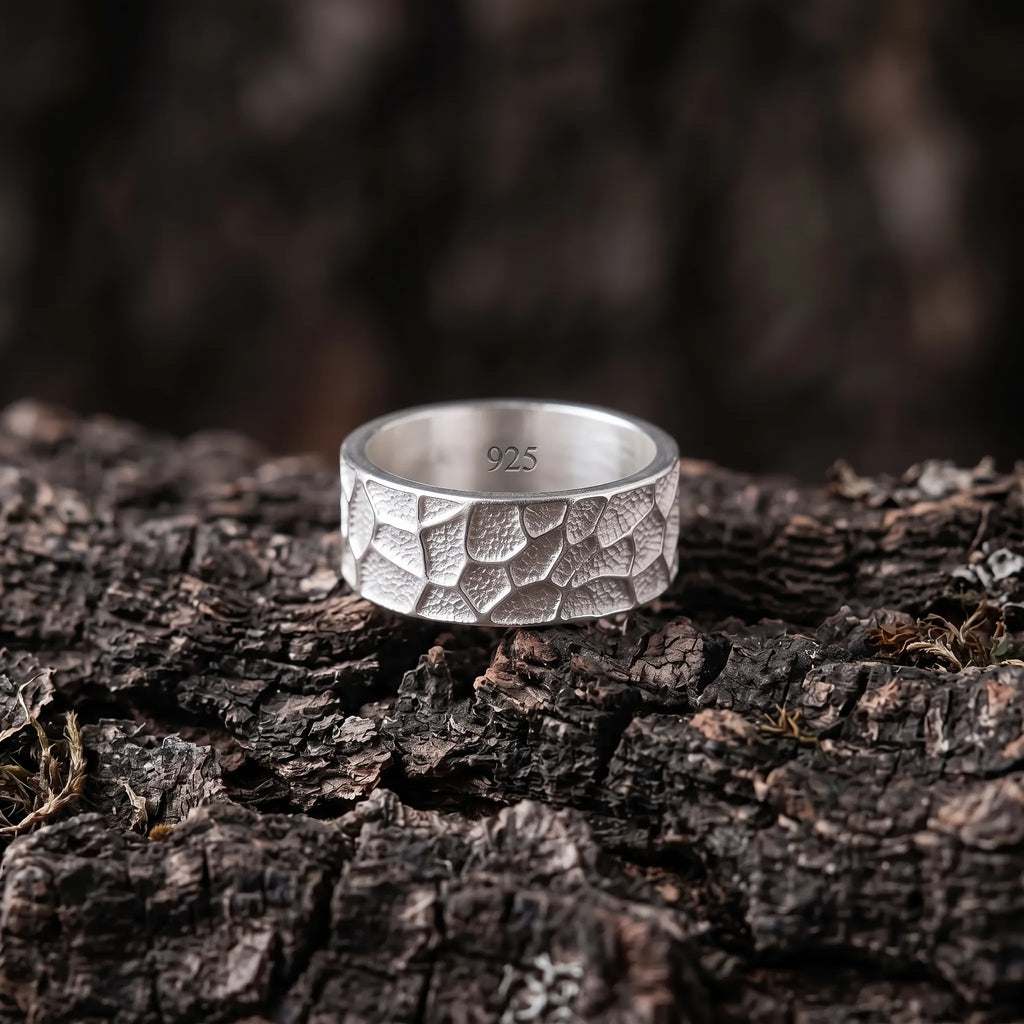 Personalized Textured Solid 925 Sterling Silver Ring, Engraved Rustic Band for Men