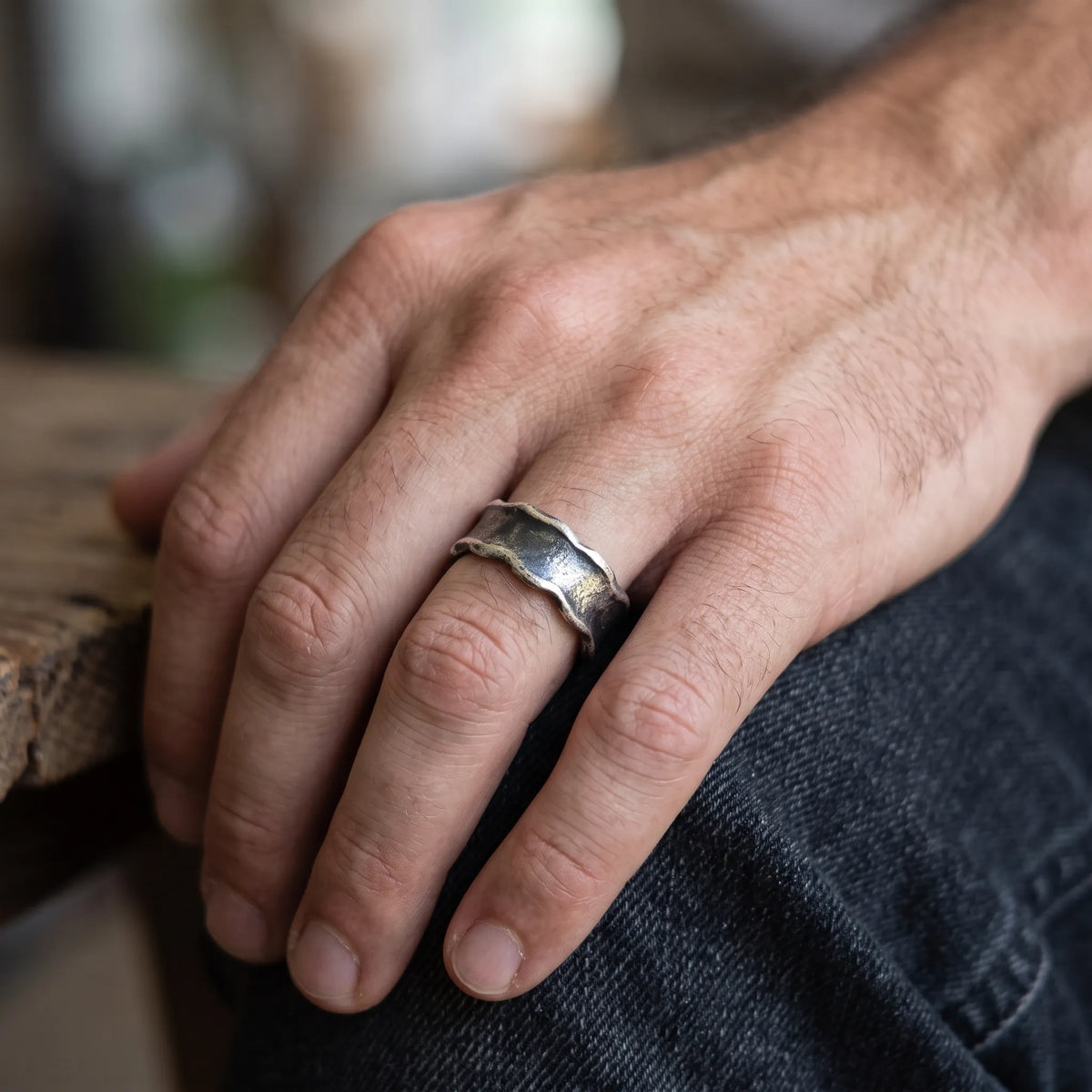 Custom Engraved Organic Molten 925 Sterling Silver Ring, Wavy Hammered Band, Wedding Rings