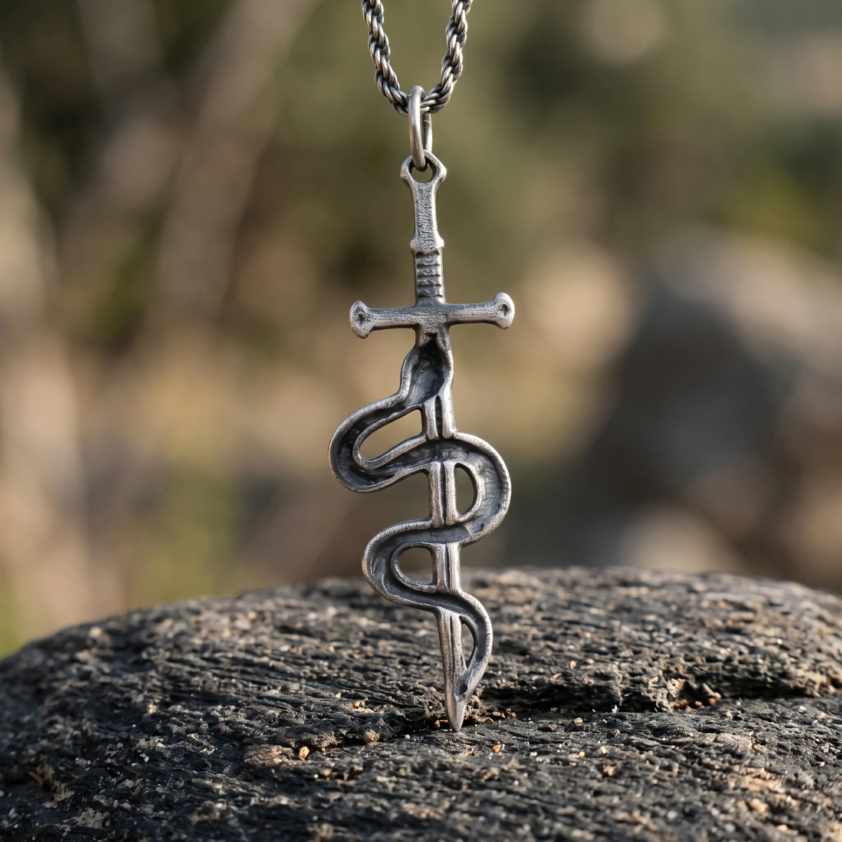 925 Sterling Silver Vintage Durable Snake and Sword Pendant Necklace
