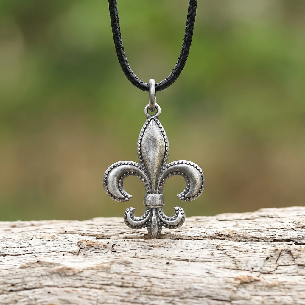 925 Sterling Silver Fleur-de-Lis Pendant Necklace, Vintage Beaded Lily Jewelry