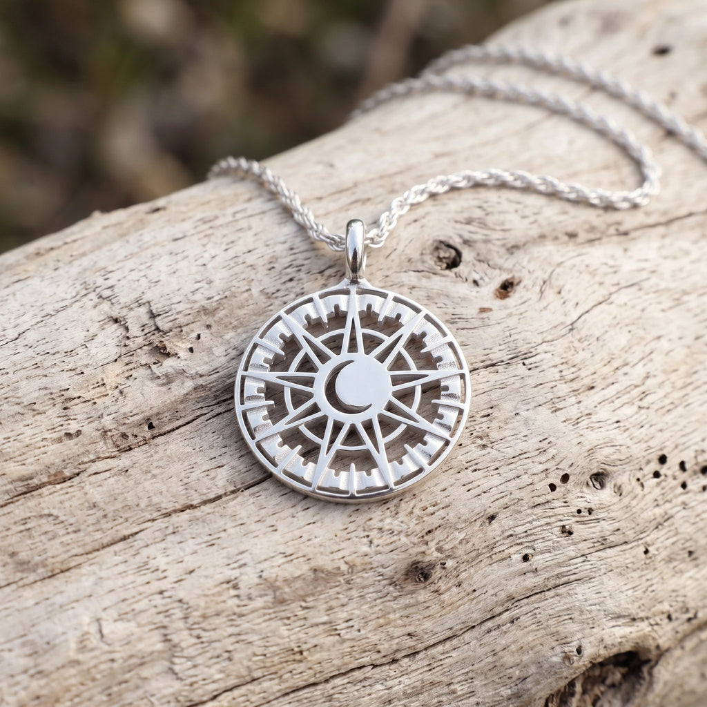 925 Sterling Silver Sun and Moon Pendant Necklace, Celestial Compass Astrolabe Jewelry
