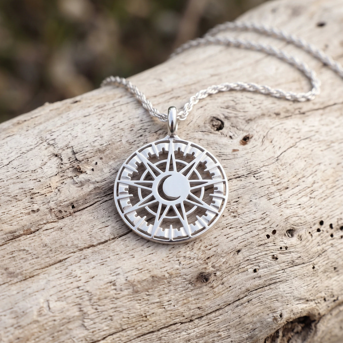 925 Sterling Silver Sun and Moon Pendant Necklace, Celestial Compass Astrolabe Jewelry