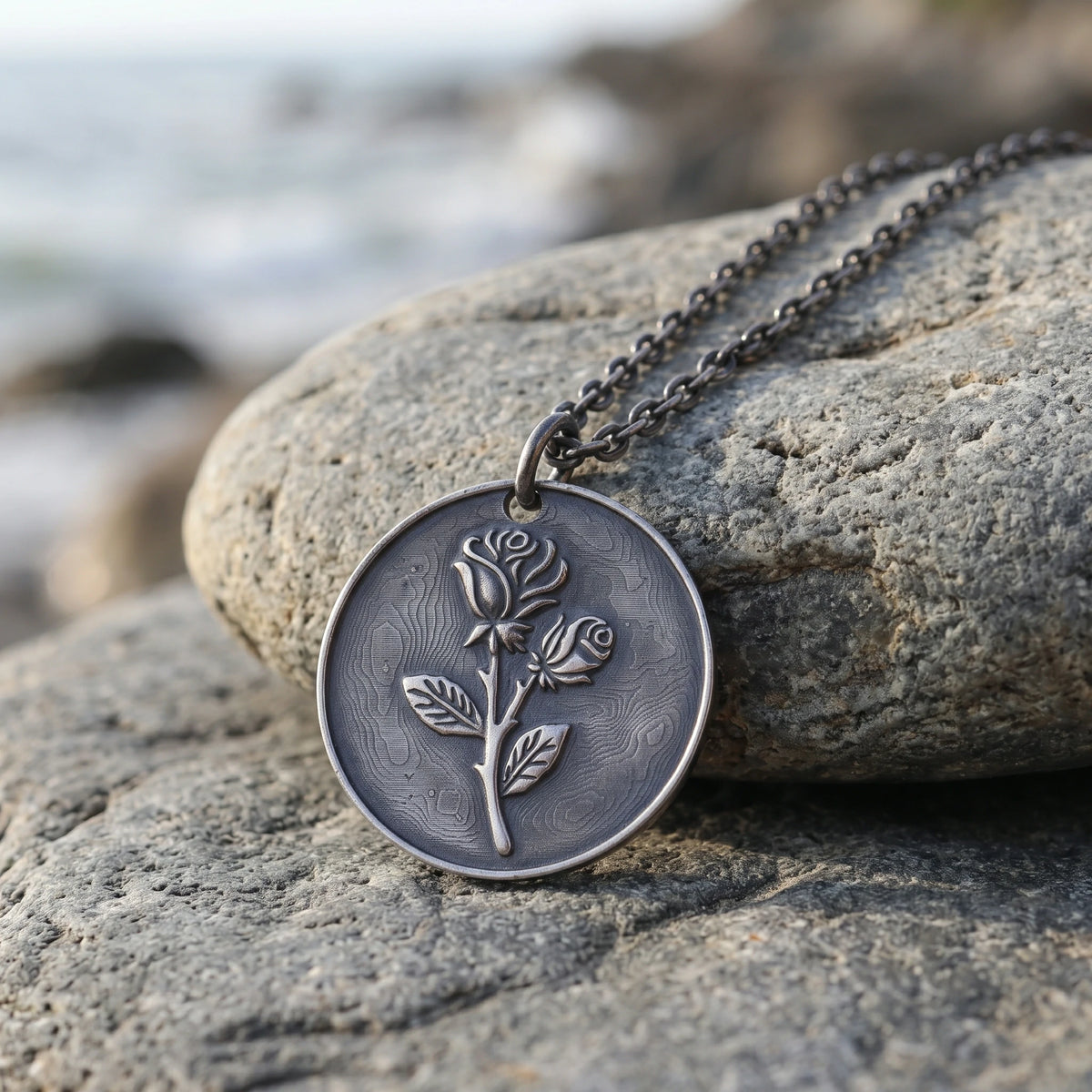 925 Sterling Silver Rose Pendant Necklace, Engravable Personalized Floral Medallion