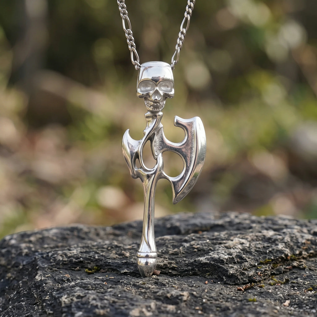 925 Sterling Silver Gothic Skull Battle Axe Durable Viking Warrior Pendant