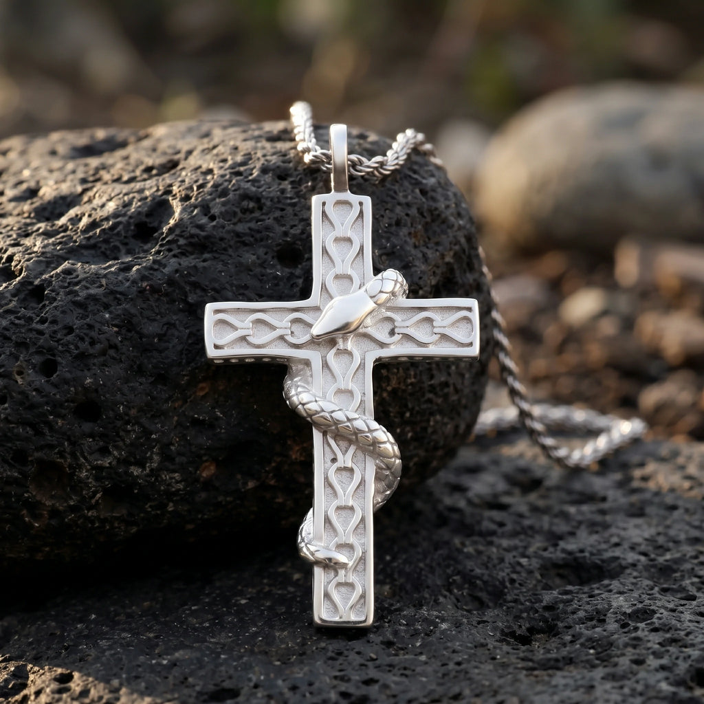 925 Sterling Silver Holy Snake Cross Durable Spiritual Faith Pendant Necklace